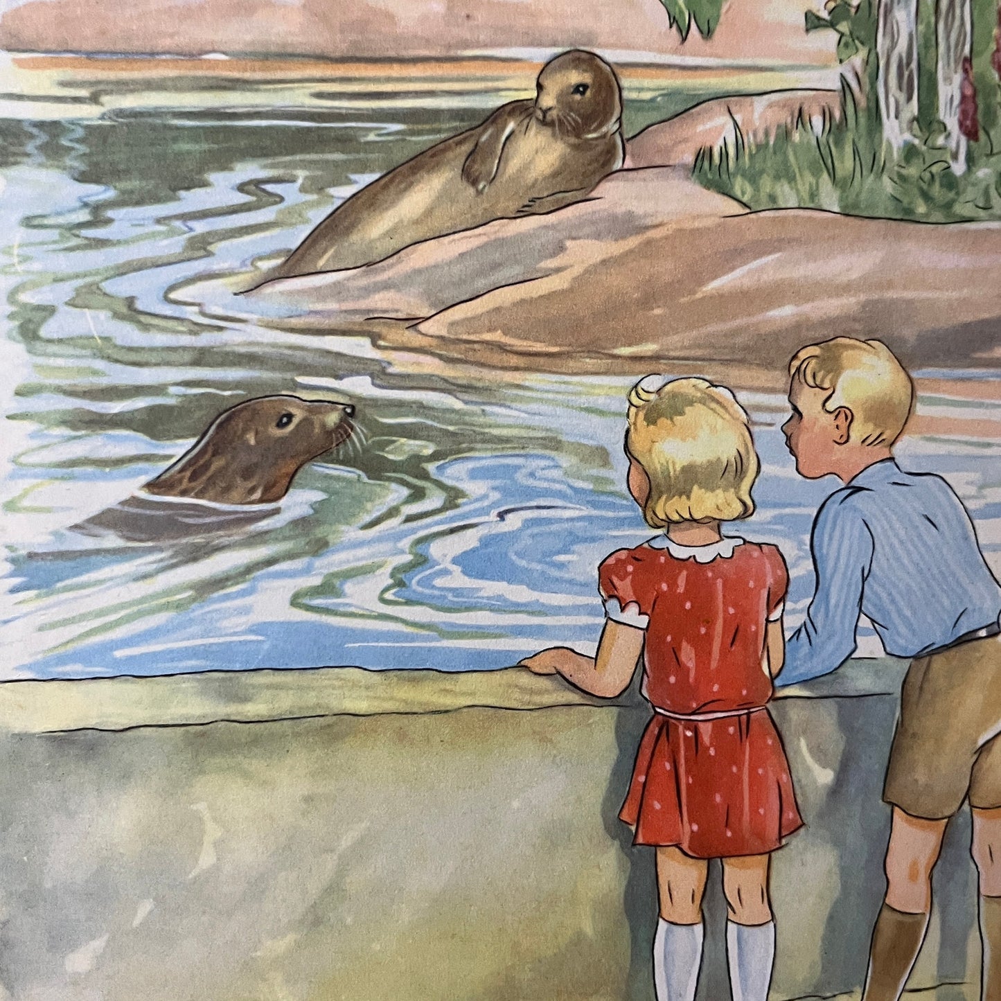 Boy & Girl Looking at a Sea Lion Seal Retro Kitsch Matted Art Print 9x12 V8