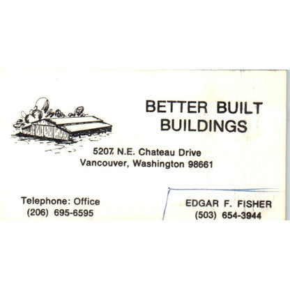 Edgar F. Fisher Better Built Buildings Vancouver WA Vintage Business Card SD8-B3