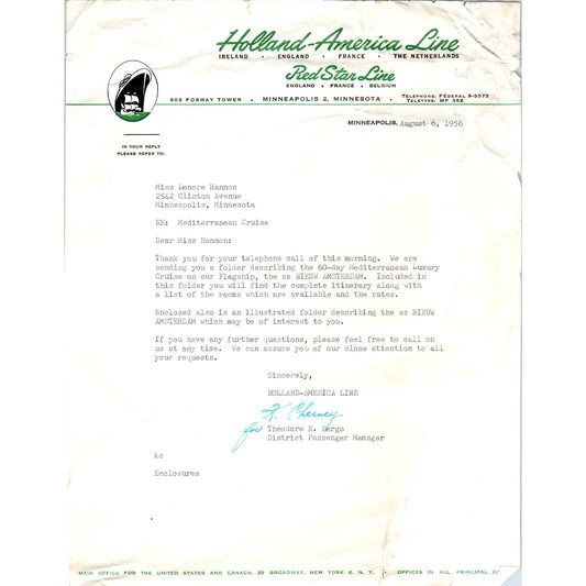 1956 Holland America Line Red Star Line Letterhead Memo D9