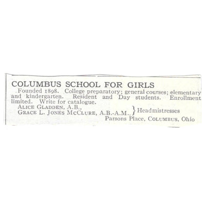 Columbus School for Girls Alice Gladden Grace L. Jones OH c1918 Advert AE5-SA8