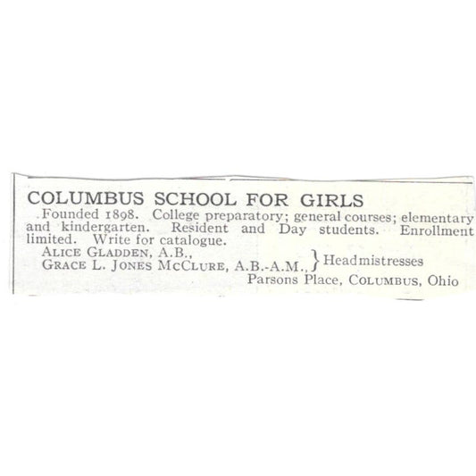 Columbus School for Girls Alice Gladden Grace L. Jones OH c1918 Advert AE5-SA8