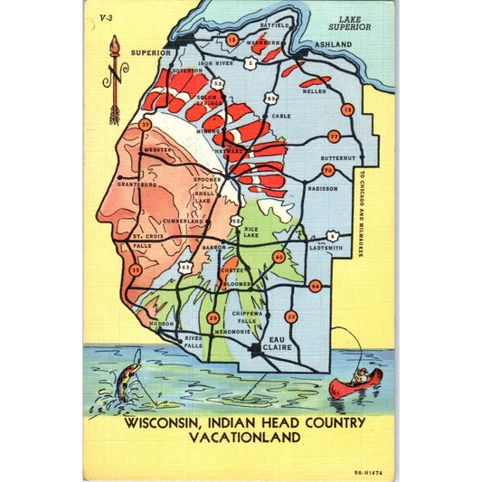 Wisconsin Indian Head Country Vacationland Map Vintage Postcard PD9