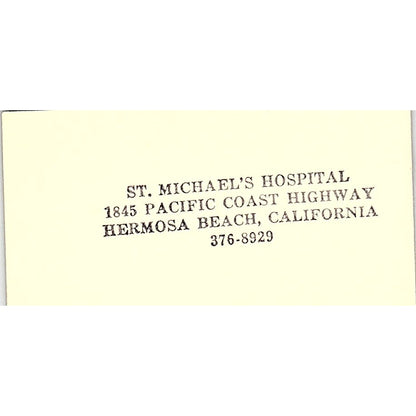 St. Michael Hospital Hermosa Beach California Vintage Business Card SF3-B3