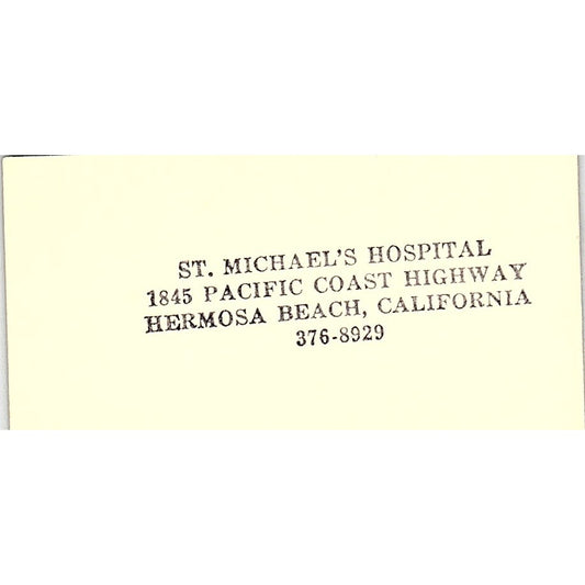 St. Michael Hospital Hermosa Beach California Vintage Business Card SF3-B3