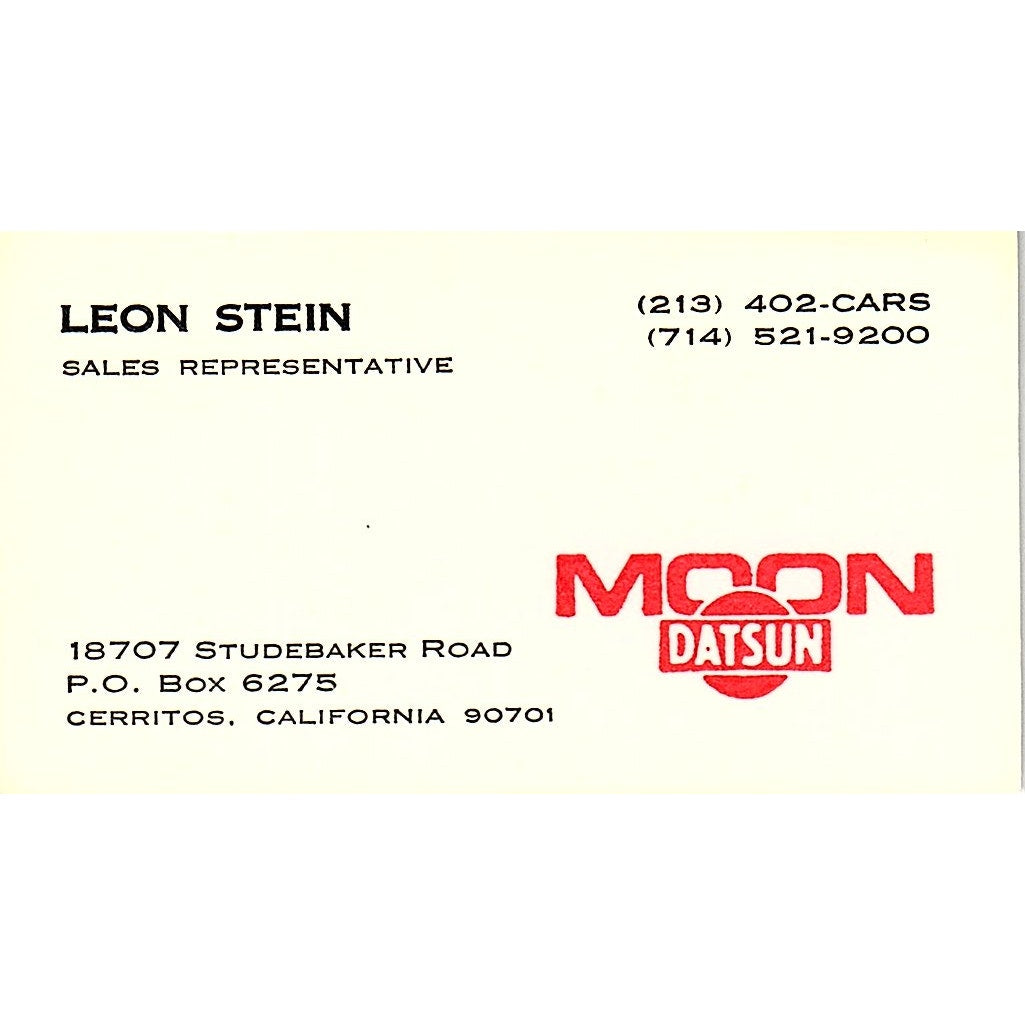 Leon Stein Moon Datsun Cerritos CA Vintage Business Card SD9-B10
