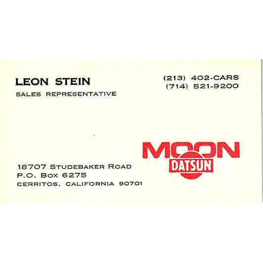 Leon Stein Moon Datsun Cerritos CA Vintage Business Card SD9-B10