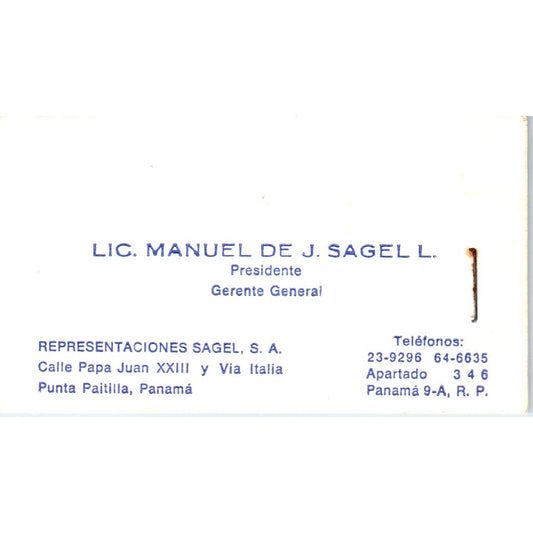 Lic. Manuel De J. Sagel L. Punta Paitilla Panama Vintage Business Card SD8-B16