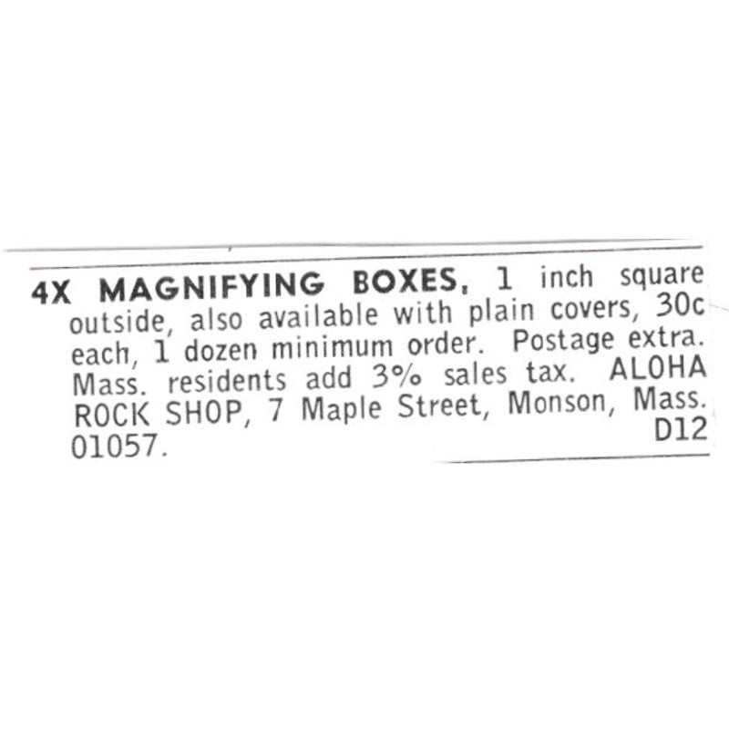 Aloha Rock Shop Magnifying Boxes Monson MA 1972 Ad AF8-S18
