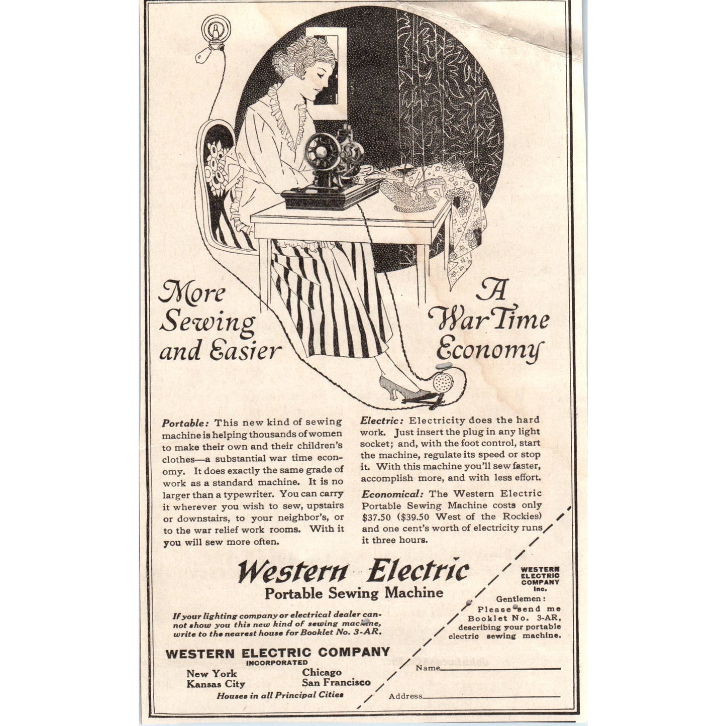 WWI Western Electric Wartime Economy Sewing Machine 1918 Magazine Ad AF1-WH1