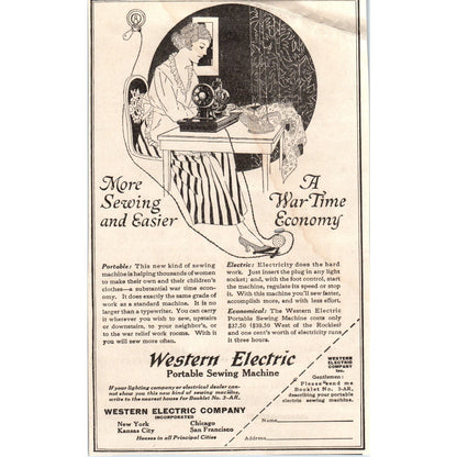 WWI Western Electric Wartime Economy Sewing Machine 1918 Magazine Ad AF1-WH1
