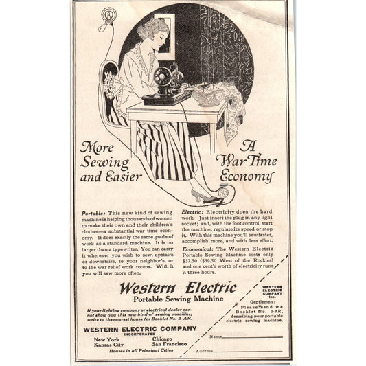 WWI Western Electric Wartime Economy Sewing Machine 1918 Magazine Ad AF1-WH1