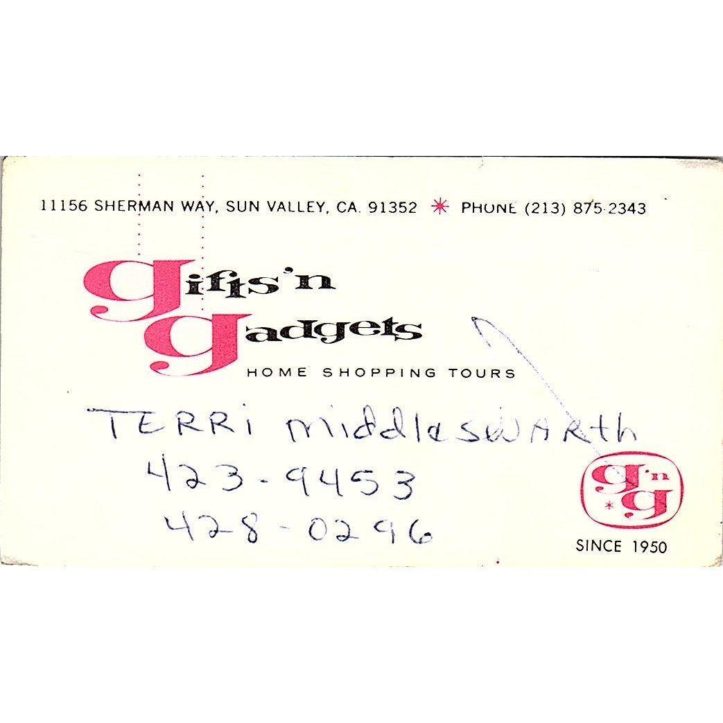 Gifts'N'Gadgets Terri Middleswarth Sun Valley CA Vintage Business Card SF3-B4