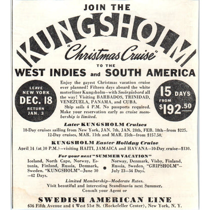 Kungsholm Christmas Cruise Swedish American Line 1930s Advertisement AE4-I1
