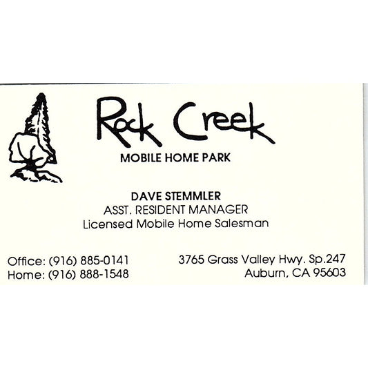 Rock Creek Mobile Home Park Dave Stemmler Auburn CA Business Card SD9-B13