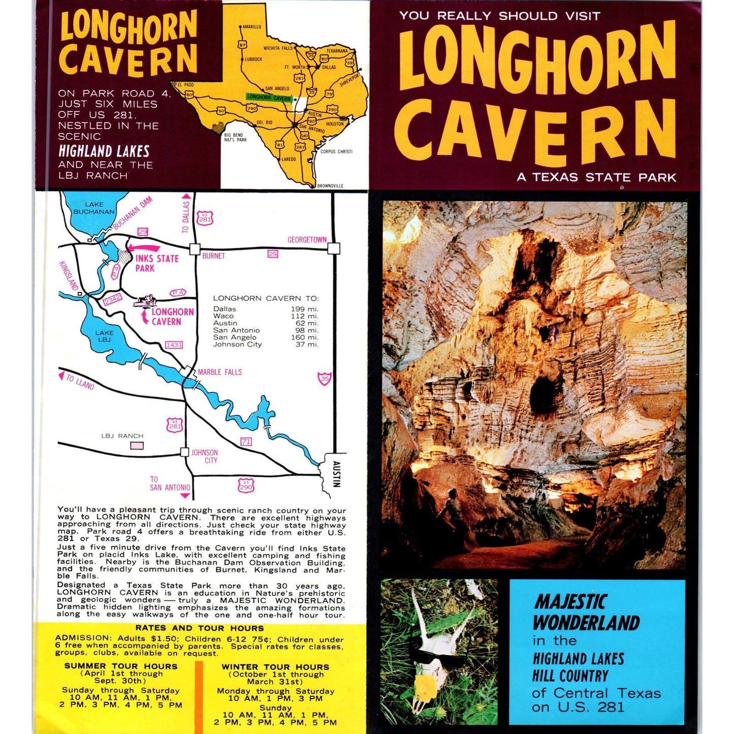 c1970 Longhorn Cavern Texas State Park Fold Out Travel Brochure AE8