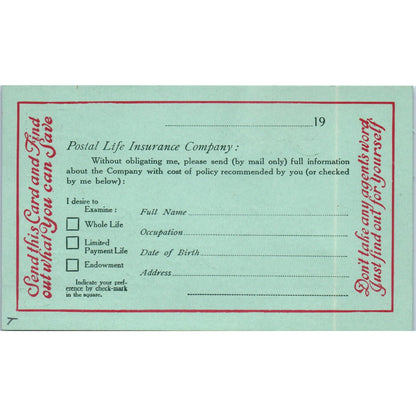 Postal Life Ins Co New York Vintage Postal Mailing Card PE7