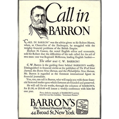 C.W. Barron Barron's National Financial Weekly New York c1920 Ad AF8-9