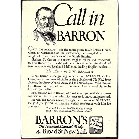 C.W. Barron Barron's National Financial Weekly New York c1920 Ad AF8-9