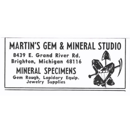 Martin's Gem & Mineral Studio Mineral Specimens Brighton MI 1972 Ad AF8-S6