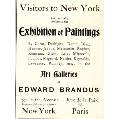 Edward Brandus Gallery Exhibition of Paintings NY 1900 Victorian Ad AB8-MA8