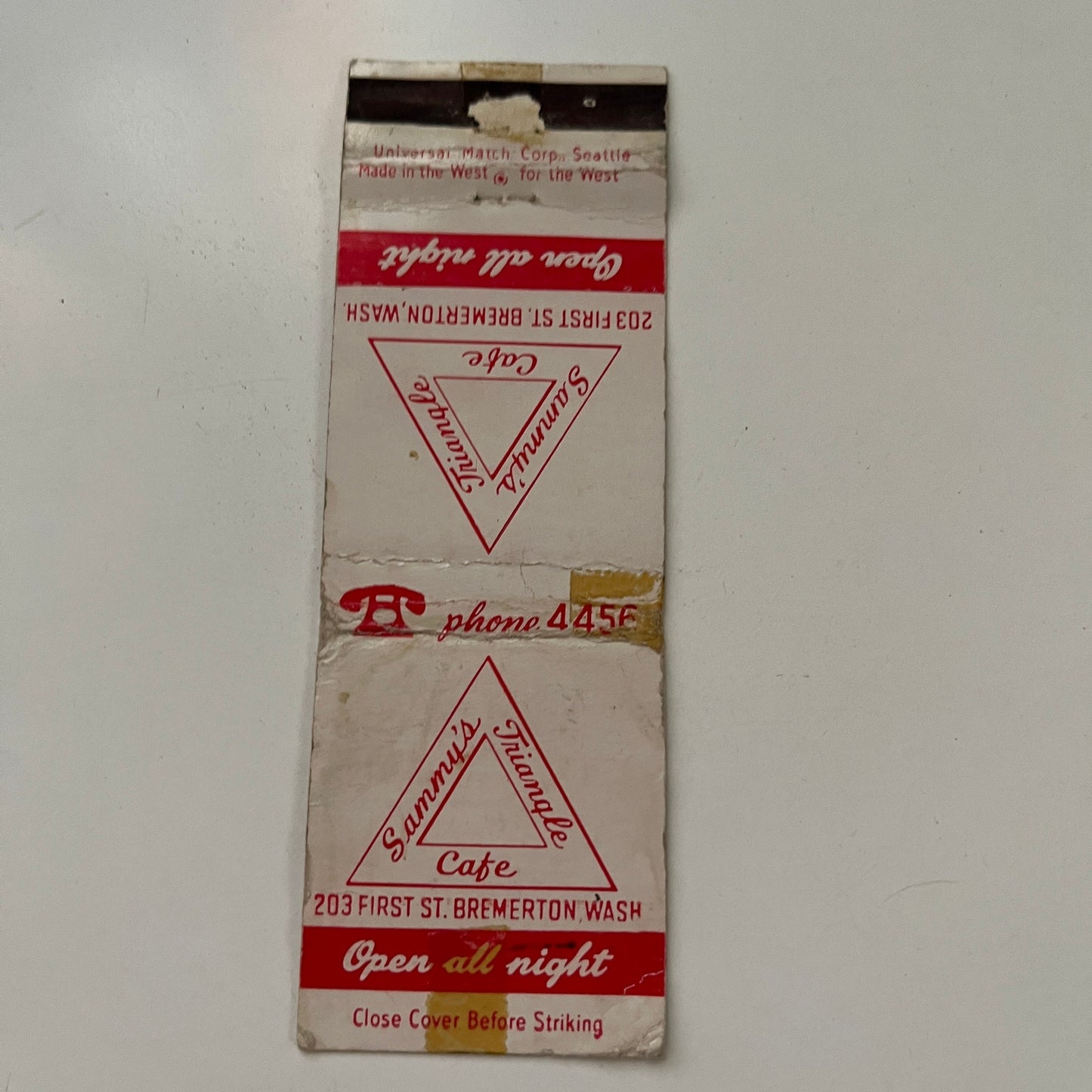 Sammy's Triangle Cafe Bremerton WA Vintage Menu Matchbook Cover MB29-3