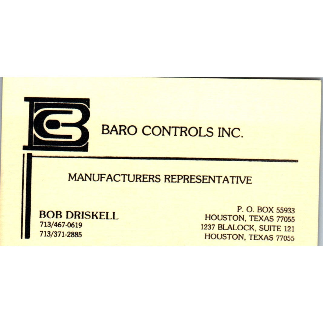 Bob Driskell Baro Controls Inc Houston Vintage Business Card SE3-B10