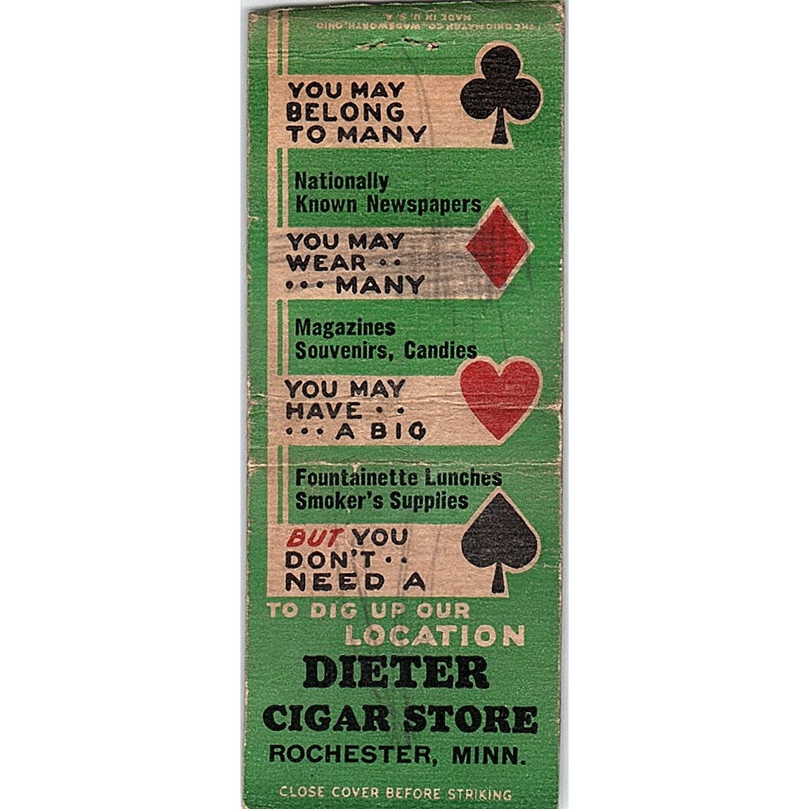 Dieter Cigar Store Rochester MN Vintage Matchbook Cover SC7-Y1