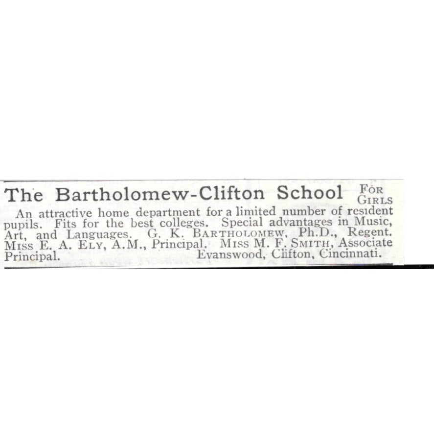 The Bartholomew-Clifton School E.A. Ely M.F. Smith Cincinnati 1903 Ad AG3-S11