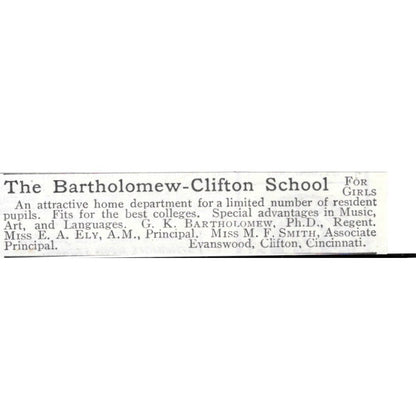 The Bartholomew-Clifton School E.A. Ely M.F. Smith Cincinnati 1903 Ad AG3-S11
