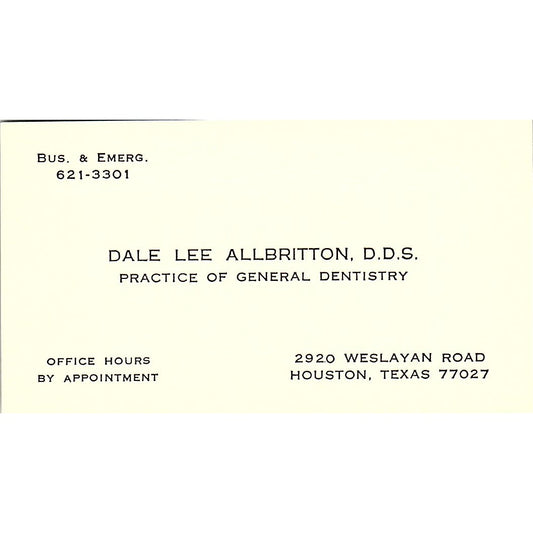 Dale Lee Allbritton DDS Dentistry Houston TX Vintage Business Card SE3-B15
