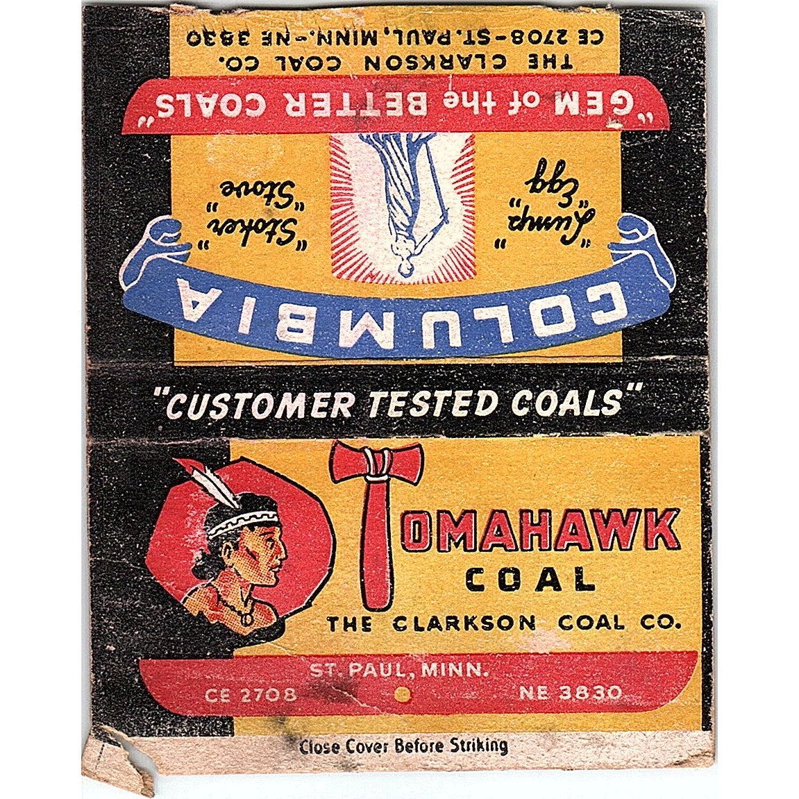 Tomahawk Coal The Clarkson Coal Co St. Paul MN Vtg Large Matchbook Cover TH2-Y3