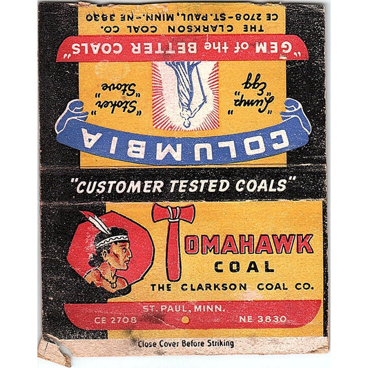 Tomahawk Coal The Clarkson Coal Co St. Paul MN Vtg Large Matchbook Cover TH2-Y3