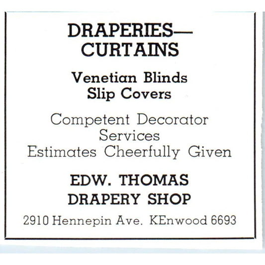 Draperies Curtains Edward Thomas Drapery Shop Minneapolis 1940 Ad AF1-SS4