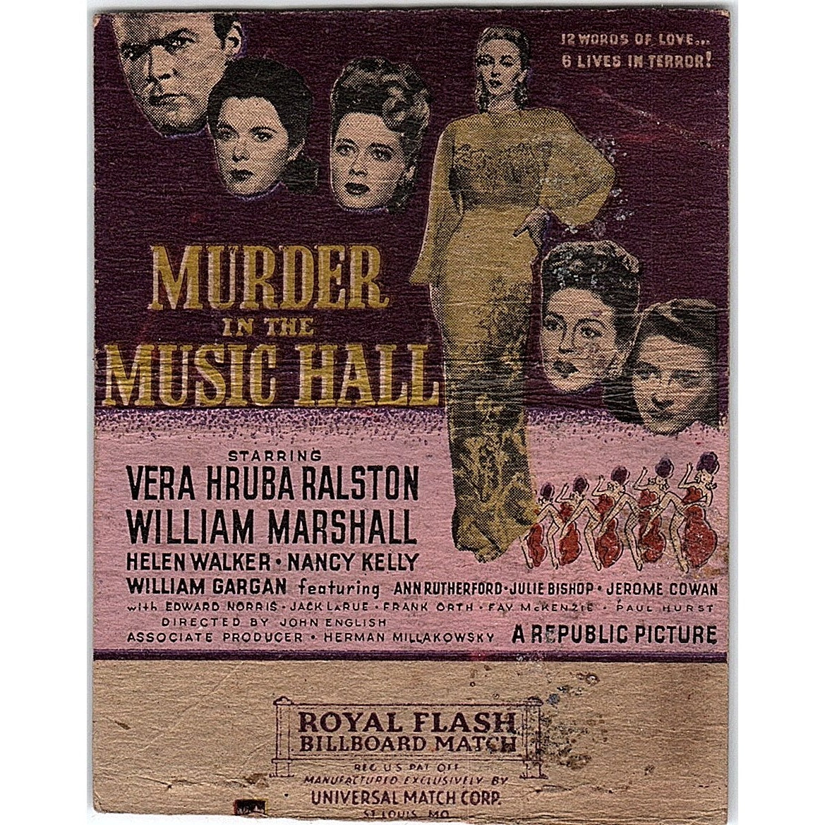 Republic Pictures Murder in the Music Hall Hollywood Large Matchbook TH2-Y2