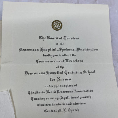1919 Deaconess Nurse Training School Commencement Invitation Spokane WA TG9-E1