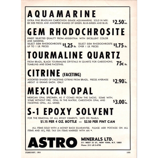 Astro Minerals Ltd Aquamarine New York NY 1964 Magazine Ad AB6-D18