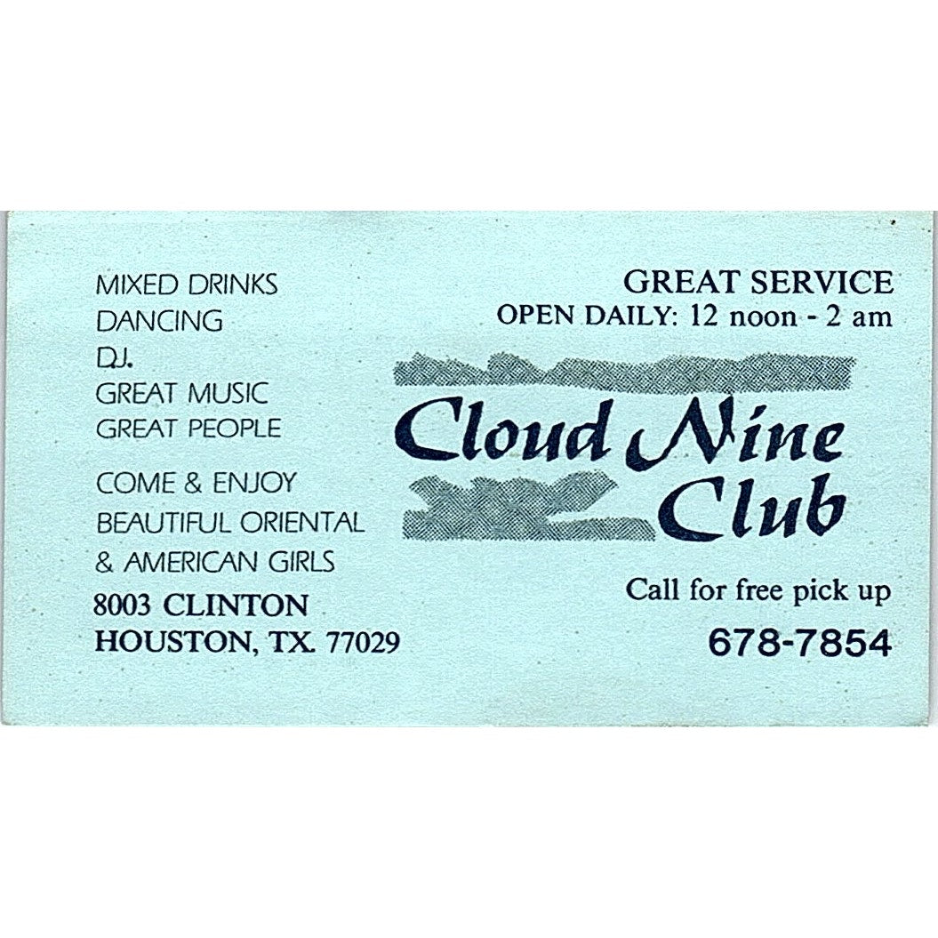 Cloud Nine Club 8003 Clinton Houston TX Vintage Business Card SD9-B5