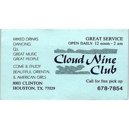 Cloud Nine Club 8003 Clinton Houston TX Vintage Business Card SD9-B5