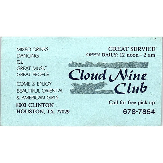 Cloud Nine Club 8003 Clinton Houston TX Vintage Business Card SD9-B5