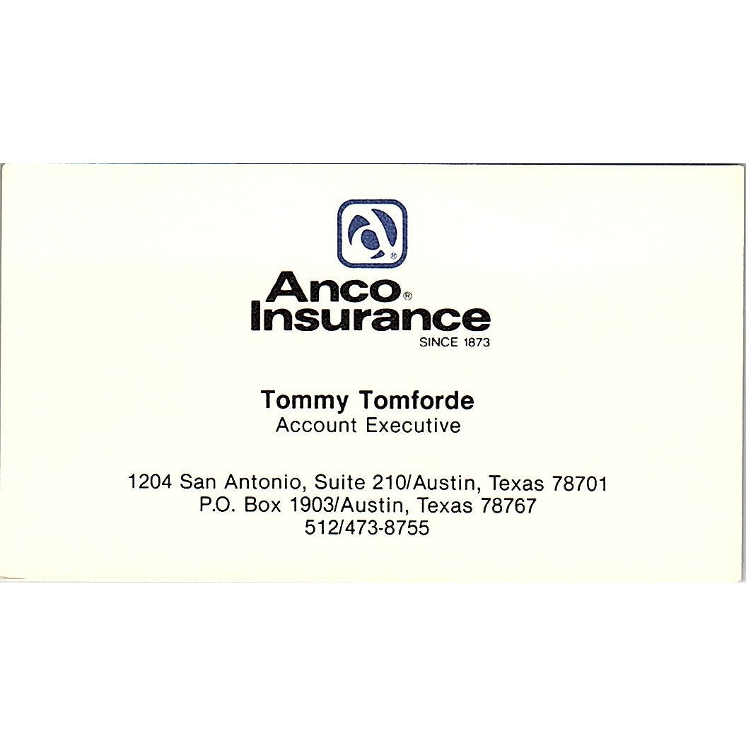 Tommy Tomforde Anco Ins Austin TX Vintage Business Card SD9-B12