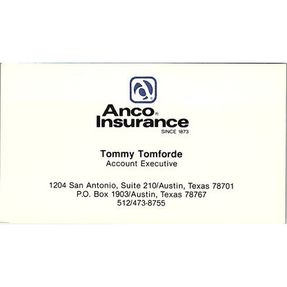 Tommy Tomforde Anco Ins Austin TX Vintage Business Card SD9-B12