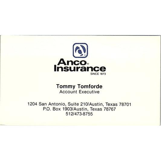 Tommy Tomforde Anco Ins Austin TX Vintage Business Card SD9-B12