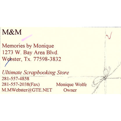 M&M Memories by Monique Wolfe Webster TX Vintage Business Card SC9-B10
