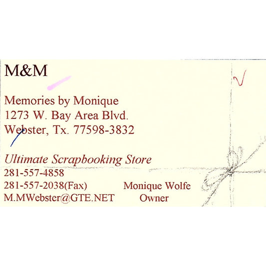 M&M Memories by Monique Wolfe Webster TX Vintage Business Card SC9-B10