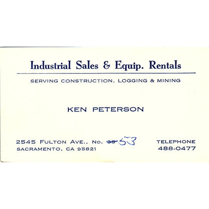 Industrial Sales & Equip Rentals Ken Peterson Sacramento CA Business Card SB4-B4