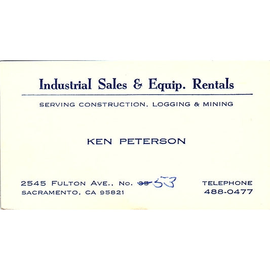 Industrial Sales & Equip Rentals Ken Peterson Sacramento CA Business Card SB4-B4