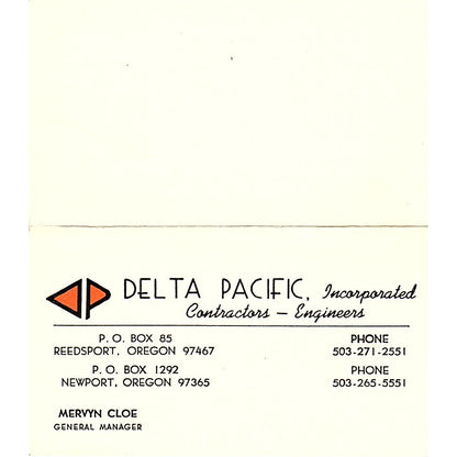 Mervyn Cloe Delta Pacific Contractors Newport Reedsport OR Business Card SD9-B3