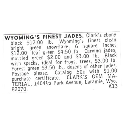 Clark's Gem Material Wyoming Jade Laramie WY 1972 Ad AF8-S16