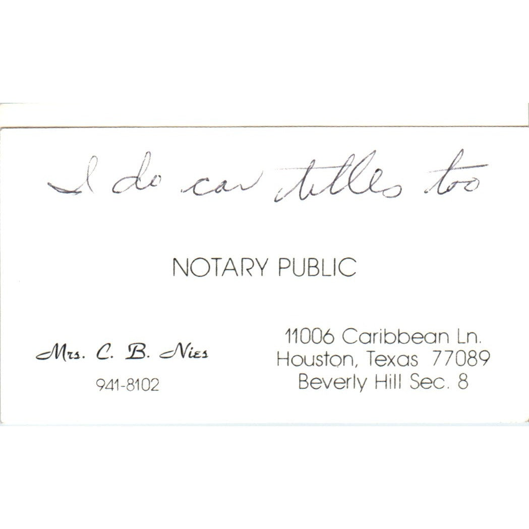 Mrs C.B. Nies Notary Public Houston TX Vintage Business Card SD8-B9