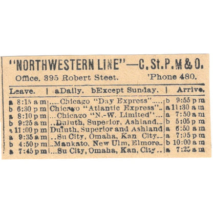 Chicago St. Paul Milwaukee & Ohio Northwestern Line Timetables 1898 Ad AF2-S7